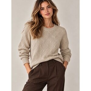 Aster Cream Textured Geometric Pattern Crew Neck Knit Long Sleeve Sweater, M